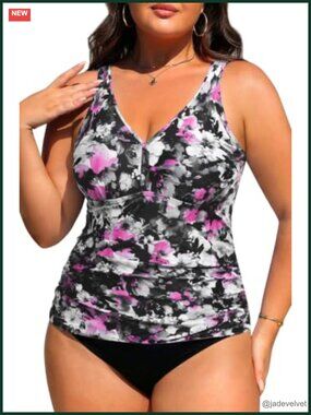 Plus Size Tankini Top Only Tummy Control V Neck Swim Top Removable Cups